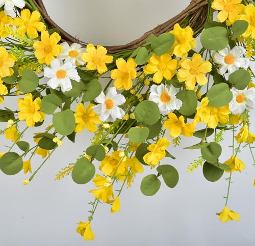 LSKYTOP 24Inches Artificial Daisy Flower Wreath with Eucalyptus Green Leave Spring Summer Wreath for Front Door Wall Decor