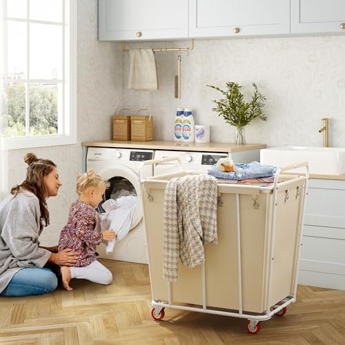 Hoctieon Large Rolling Laundry Hamper with Wheels, Laundry Sorter Cart for Clothes Storage, Durable Laundry Basket with Lockable Wheels, Heavy Duty Clothes Hamper for Laundry & Bedroom, Beige