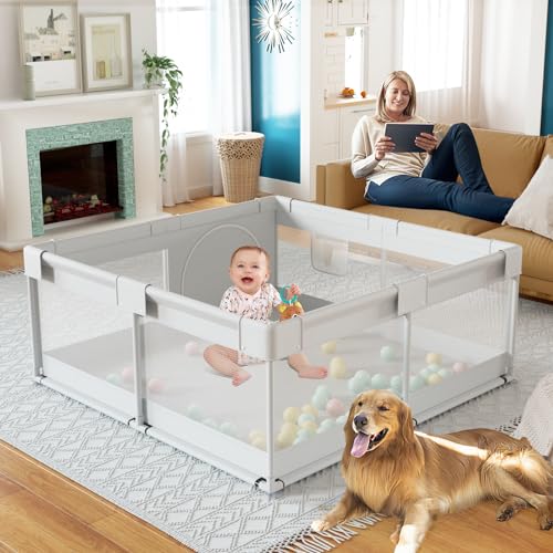 Fodoss Baby Playpen, Upgrade Playpen for Babies and Toddlers, 47x47x26inch Beige Play Pen for Babies with Hand Pulling Ring, Play Pen Center for Kids,Baby Fence,Baby Playards