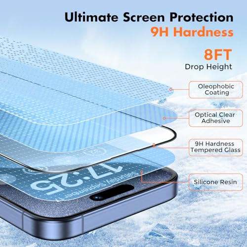 UNBREAKcable 3-Pack Screen Protector for iPhone 15 Pro, Double Shatterproof Tempered Glass [Easy Installation Frame] [HD Clear] [9H Hardness] [Full Coverage] for iPhone 6.1 inch