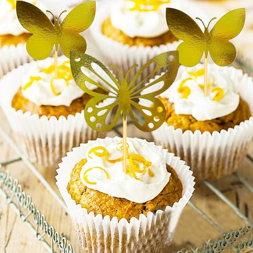 Blopee Cupcake Toppers, Butterfly Cupcake Toppers for Birthday Party, 24 pcs Gold Cupcake Toppers, Butterfly Shaped Happy Birthday Cupcake Toppers for Bridal Baby Shower Girls Women Wedding Party