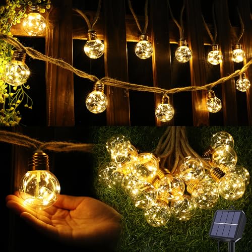 Solar String Lights Outdoor, 20FT G50 Globe Vintage Rope Hemp Outdoor String Lights With 8 Modes，16 Waterproof & Shatterproof Bulbs Warm White Solar Powered Patio Lights for Garden Wedding Party Decor