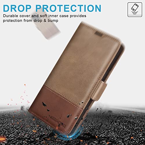 KEZiHOME Compatible with iPhone 14 Plus Case, [RFID Blocking] Genuine Leather Wallet Case [Credit Card Holder] [TPU Inner Shell] Shockproof Stand Flip Cover for iPhone 14 Plus 6.7'' (Black/Brown)