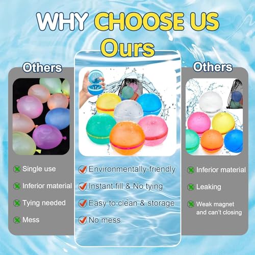 Reusable Water Balloons for Kids,12 PCS Magnetic Refillable Latex-Free Silicone Water Bomb with Mesh Bag, Summer Toys Beach Toys Swimming Pool Party Supplies Bath Toy Outdoor Summer Surprise for Kids