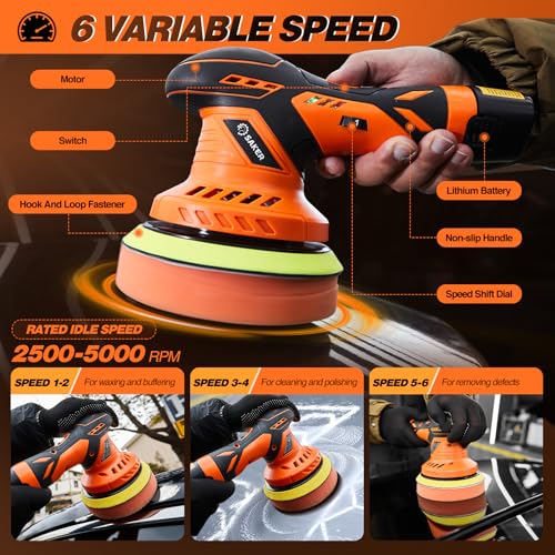Saker Cordless Buffer Polisher, 6 Inch Fast Charging Portable Car Polishing Kit with 12V 2000mAh Battery, Polisher for Car Detailing Polishing Waxing