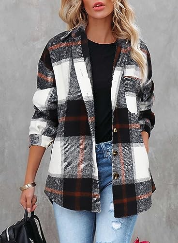 Beaully Women's Flannel Plaid Shirts Long Sleeve Button Down Chest Pocketed Shacket Jacket Coats 6025 Dark Blue Large