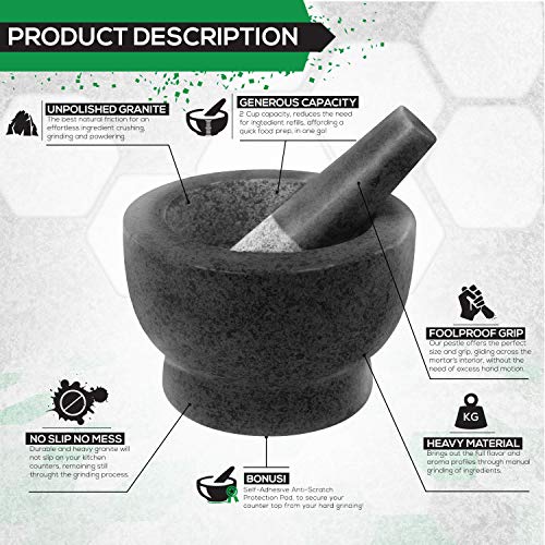 ChefSofi Mortar and Pestle Set - Black Polished Exterior - 1.5 Cup Capacity