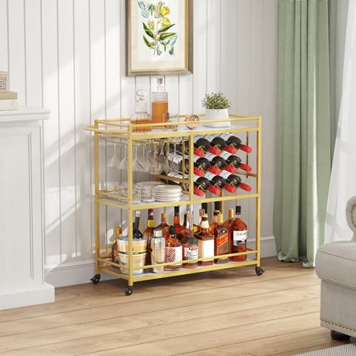 Lifewit Bar Cart for The Home, 3 Tier Drink Cart with Lockable Wheels, 12 Wine Rack and 3 Rows Glass Holders, Liquor Serving Cart for Kitchen Dining Livingroom, 31.6" x 13.1" x 33.9", Gold