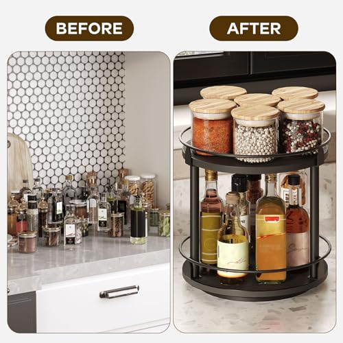YATINEY Lazy Susan Organizer, Rotating Spice Rack, 2 Tier Spice Turntable Organizer, Industrial Turntable Spice Holder, for Kitchen Countertop and Cabinet, Compact and Versatile, Black SR22BK