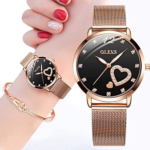OLEVS Womens Watch Gifts Bracelet Set Rose Gold for Lady Female Business Dress Diamond Ladies Watch Casual Analog Waterproof Luminous Two Tone Wrist Watch Silver