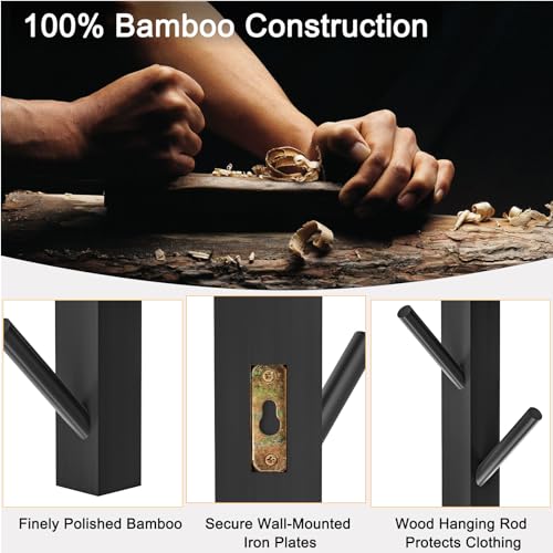 TIOPGHAD 2-Pack Wood-Wall-Mounted-Coat-Hooks, Bamboo Vertical Coats Rack Holder Hanger with 8 Hooks Entryway Hanging Wooden Racks for Hanging Jacket Coat Hat in Entryway Office Bathroom(Black)