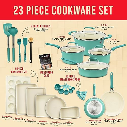 Cookware Set – 23 Piece –Aqua Multi-Sized Cooking Pots with Lids, Skillet Fry Pans and Bakeware – Reinforced Pressed Aluminum Metal - Suitable for Gas, Electric, Ceramic and Induction by BAKKEN Swiss