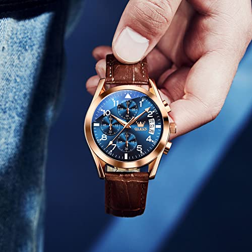 OLEVS Men's Watches Auto Date Multi-Function Rose Gold Quartz Watch for Men Blue Face Brown Leather Strap Casual Mens Chronograph Watches Water Resistant Easy Read Aviator Men's Cuff Watch for Father