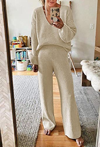 Viottiset Women's 2 Piece Outfits Sweater Sets Lounge Set V Neck Knit Top Wide Leg Pants Sweatsuit Purple Grey M