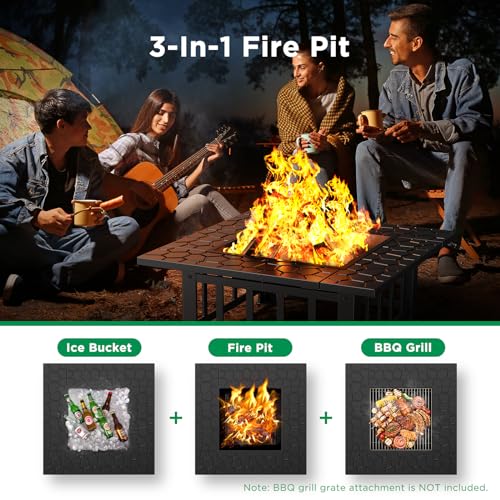 Ciays 32 inch Fire Pit 3-in-1 Multipurpose Outdoor Fire Pit Table with Spark Screen, 22-inch Fire Poker, Rain Cover for Camping, Backyard, Patio, CIFP01B