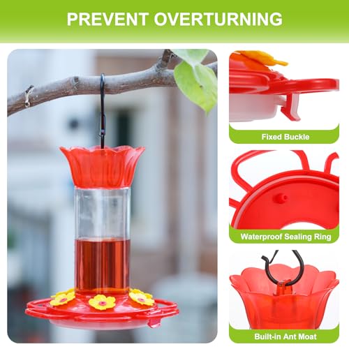 Rihogar Hummingbird Feeder for Outdoors Hanging, 2 Pack Plastic Humming Bird Feeders with Buckle, 6 Feeding Ports, Built-in Ant Moat, Wild Bird Feeder for Outside Garden, Leak-Proof (12 oz)