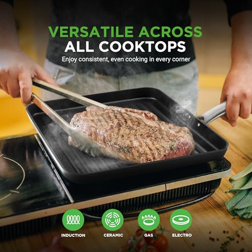 NutriChef 11" Square Grill Pan Non Stick - High Ridges, Hard-Anodized, Stove Top Griddle, Strong Handles, Dishwasher Safe