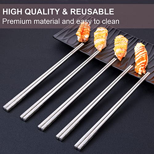 TINMARDA Metal Chopsticks Reusable 5 Pairs Stainless Steel Chopsticks Dishwasher Safe Square Lightweight Non-Slip Chop Sticks Present Set (Silver)