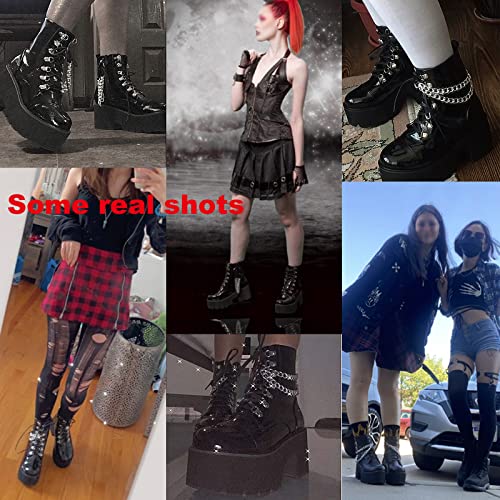 CYNLLIO Fashion Block Heel Platform Chain Combat Ankle Booties Women's Lace up Studded Motorcycle Boots Mid Calf Goth Boots