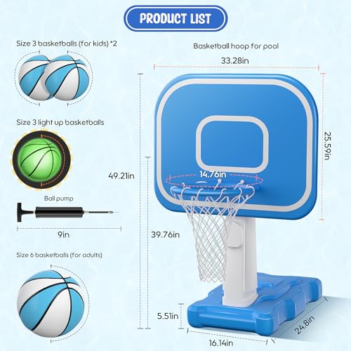 Pool Basketball Hoop, 33"x26"x50" Oversized Pool Toys with Adjustable Height Includes 4 Balls(Size 6, 2×Size 3, Glow)/ Nets/Pump for Poolside Water Basketball Game, Swimming Pool Games for Kids Adults