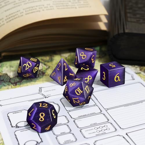 LUCKY-M Cat Eye DND Dice Sets, Gemstone Dice for Dungeons and Dragons, Stone Dice D&D Accessories RPG Dice MTG Women Gift (CE-Purple Red)