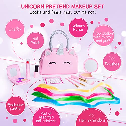 Pretend Play Makeup Kit for Little Girls with Unicorn Purse: Fake (Not Real) Make up Toy Set for Toddlers and Kids - includes Hair and Nails Accessories, Baby Girl Toys Princess Toddler Gift Set