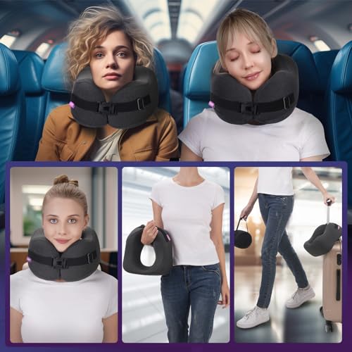 CSJT Travel Pillow Vac Compressed Memory Foam Neck Pillow Airplane,Comfortable,Neck Support,Machine Washable,Airplanes Travel Essentials Accessories for Office,Flight,Cars Breaks Sleeping(Black)…