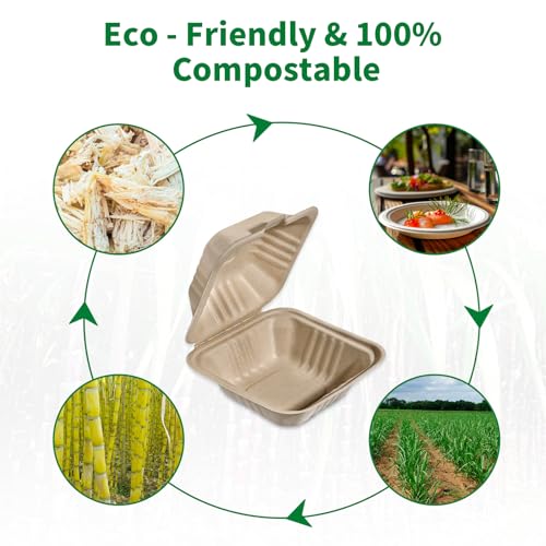 Aricsen Compostable 50 Pack 6x6 Inch Disposable Small Lunch Box Takeout Containers with Lid To Go Take Out Clamshell for Food, Eco-Friendly Biodegradable Bagasse Fibers, PFAS-Free, Unbleached Brown