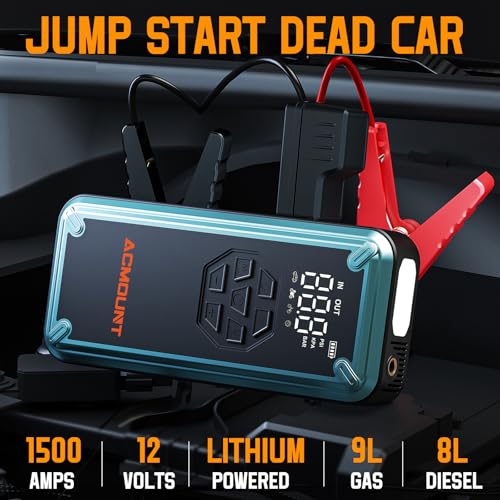 Jump Starter with Air Compressor, Acmount 3000A Car Battery Jump Starter with 150PSI Tire Inflator for Up to 9.0 Gas/8.0L Diesel, 12V Portable Jump Starter Box with LCD Display, Light (Blue)