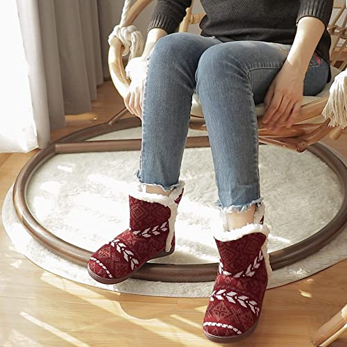 Women Comfort Warm Fluffy Faux Fur Slipper Boots Soft Memory Foam Ankle Booties House Pull on Shoes Anti-Slip Sole Indoor Outdoor (5-6, Red, numeric_5)