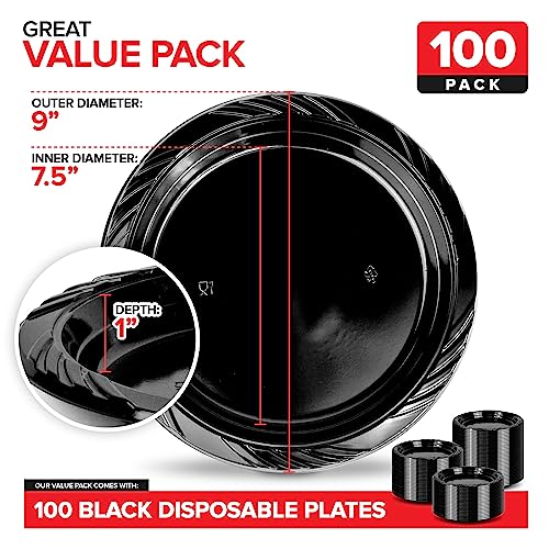Stock Your Home 9 Inch Black Plastic Plates (100 Count), Large Disposable Black Plastic Party Plates for Dinner Parties, Cake, Halloween, Dinnerware Supplies