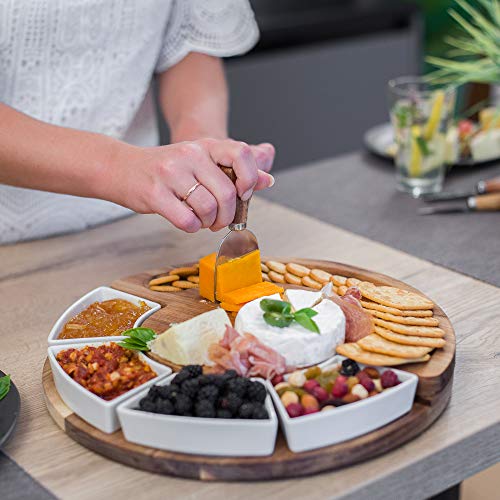 Charcuterie Cheese Board and Platter Set - Made from Acacia Wood - US Patented 13 inch Cheese Cutting Board and Knife for Entertaining and Serving - 4 Knives and 4 Bowls