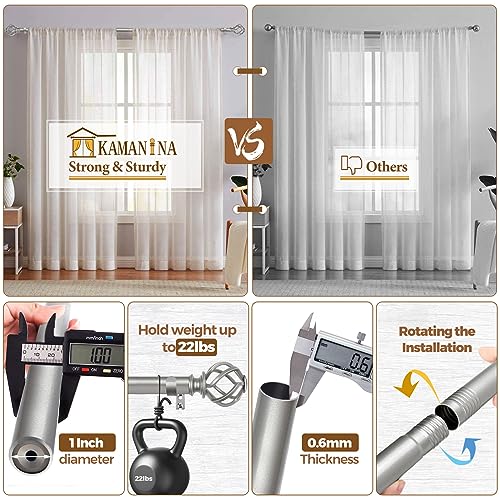 KAMANINA Antique Silver Curtain Rod 32 to 58 inch(2.6-4.8ft), 1 inch Adjustable Single Curtain Rods for Windows 28 to 48 inch, Decorative Drapery Rod with Twisted Cage Ends