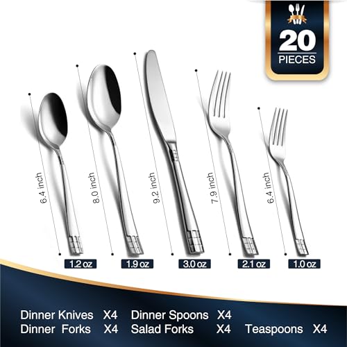 KINGSTONE Flatware Set, 20 Piece Silverware Set for 4, 18/10 Stainless Steel Cutlery Utensils Sets with European Design, Pure Hand Mirror Polished, Dishwasher Safe