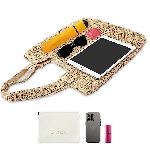 GERYUAEG Large Straw Beach Bag for Women with Coin Purse, Woven Tote Bag Summer bag Travel Shoulder Handbag (Beige)