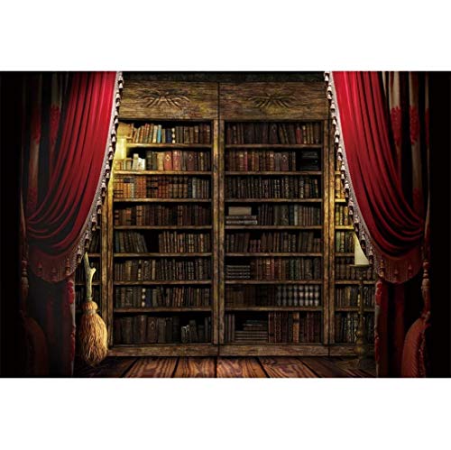 Ancient Library with Red Curtain Background 5x3ft Classical Study Bookshelf Wizard Magic Bookshelf Backdrop for Halloween Party Teacher Student Adults Portrait Photoshoot Studio Props Vinyl