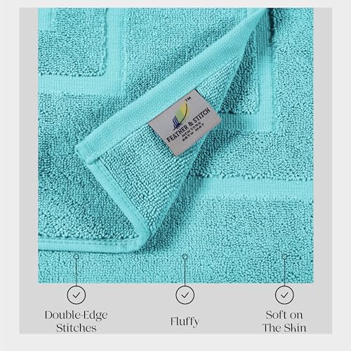Feather & Stitch 2 Piece Towel Like Bath Mats (30x21 Inch) 100% Cotton Terry Mat, Non-Slip Hotel, Spa, Shower Floor Mats [NOT A Bathroom Rug], Soft Absorbent Washable Mats - Sky Blue