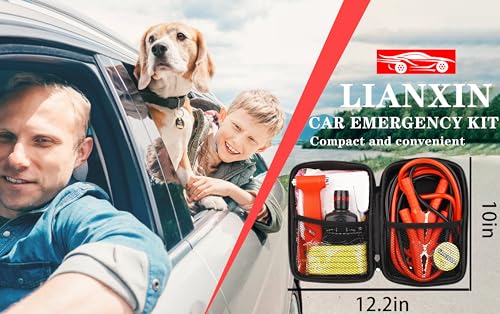 LIANXIN Car Roadside Emergency Kit, with Jumper Cables Automotive Kit,Car Safety Roadside Assistance Kit Headlamp,Tow Straps, Safety Hammers, Rainwear, Gloves.Black