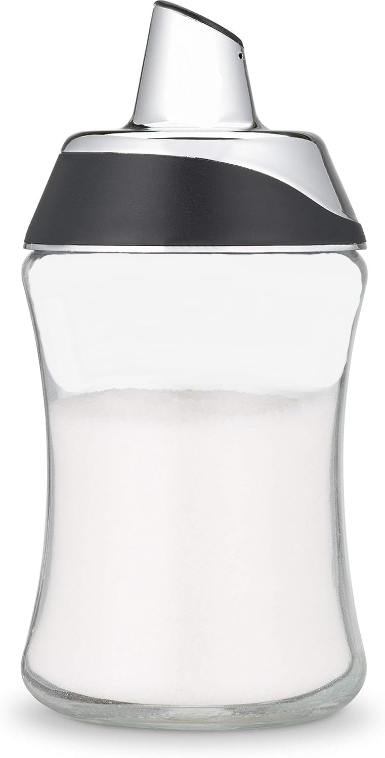 J&M DESIGN Sugar Dispenser with Pour Spout - 7.5oz Glass Jar, Chrome Twist Off Cap - Coffee Bar Accessories, Baking Supplies Organizer, Powdered Creamer Container