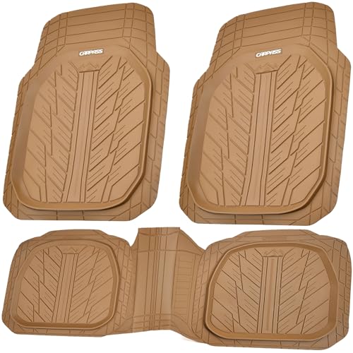 CAR PASS Tire Tread DeepDish Rubber Floor Mats for car Heavy Duty car mats All Weather, Universal XL~M Trim to Fit for Truck SUV Vehicle Automotive, Waterproof car mats 3 Piece Solid Beige