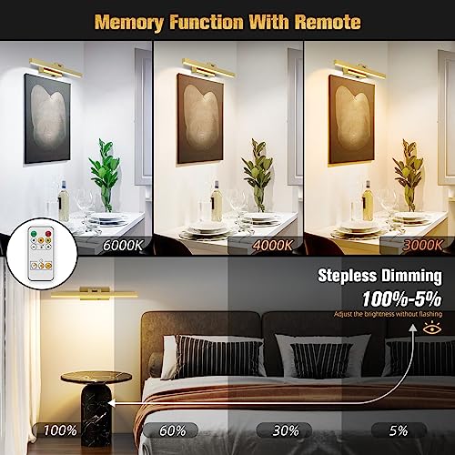VOLISUN Picture Light Battery Operated with Remote, 3CCT Dimmable Picture Light for Paintings, USB-C Rechargeable, 15.7in Battery Operated Wall Sconce for Art Painting Gallery Bedroom Computer(Gold)