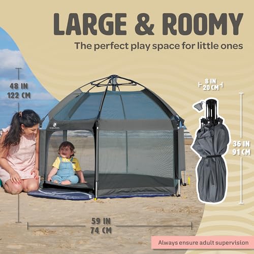 POP 'N GO Baby Playpen - Indoor & Outdoor Playpen for Babies and Toddlers - Baby Beach Tent, Foldable, Portable W/Canopy, Travel Bag, & Mosquito Net - Pop Up Pack and Play Tent (Anchor Grey)