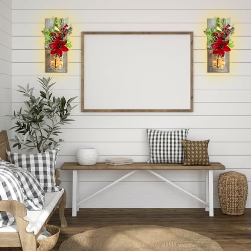 Wall Decor Mason Jar Sconces - Rustic Farmhouse Home Decor with Remote Control Wall Lights and Yellow Rose for Bedroom Wall Decor Living Room Kitchen Decorations Set of Two