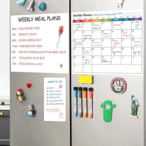 3 Pack Dry Erase Magnetic Calendar Whiteboard for Refrigerator - Monthly Calendar +Large Blank White Board + Small Blank Daily Planner Board - Magnet Family Planning Schedule Board for Fridge, 14"x11"