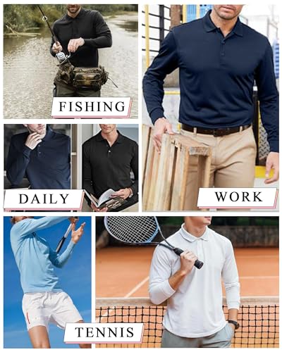Cityork Men's Polo Shirt Long Sleeve Golf Polo Shirts for Men Moisture Wicking Button Down Dry Fit Comfort Colors T Shirt UPF50+ Black