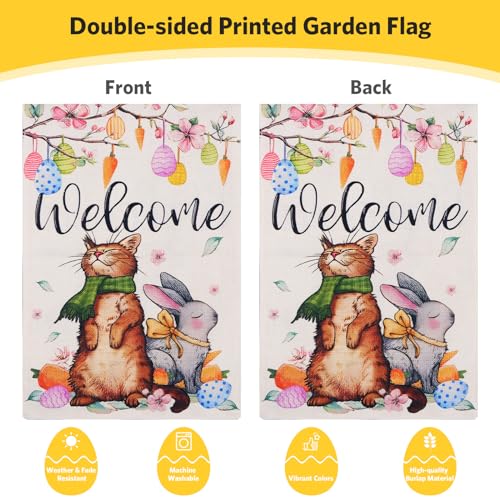 Easter Garden Flag, Welcome Garden Flag, Easter Bunny Cat Garden Flag, Spring Garden Flags 12x18 Double Sided, Decorative Garden Flags for All Seasons and Holidays