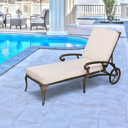 VINGLI Cast Aluminum Outdoor Chaise Lounge Chair with Wheels, Patio Chaise Lounge with 3-Position Adjustable Backrest, Outdoor Tanning Chair Patio Lounge Chaires (Bronze, with Cushion)