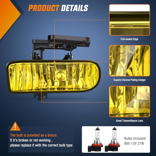 Nilight Fog Light Assembly Compatible with 1999 2000 2001 2002 GMC Sierra 1500 2500 2001 2002 Sierra 1500HD 2500HD 3500 2000-2006 Yukon Fog Lamp Amber Lens