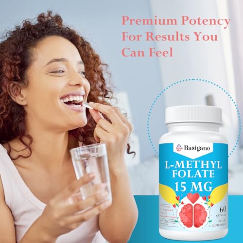 Basigano 15mg L Methylfolate (5-MTHF)- Active Folic Acid-Enriched with Vitamins B6 and B12-60 Vegetarian Capsules - Non-GMO, Gluten-Free