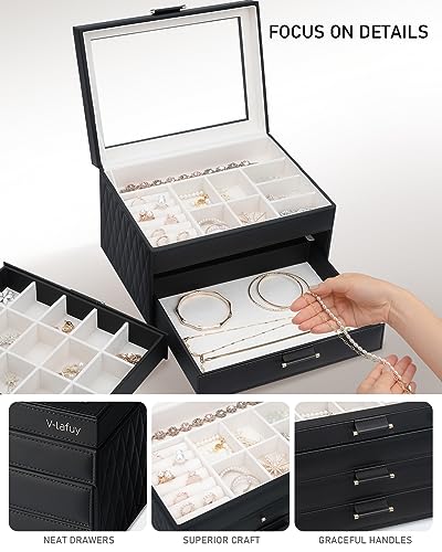 V-LAFUY Jewelry Organizer Box, Jewelry Holder Organizer 3 Layers with 2 Drawers, Jewelry Boxes Display Earring Necklace Watch Bracelet and Rings - Glass Lid Apricot